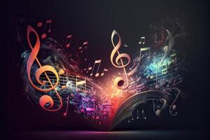 Colorful music notes background with sheet music, disc and treble clef. Illustration photo
