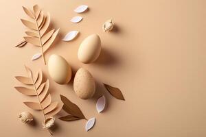 Happy Easter concept. Beige background with eggs. Illustration photo