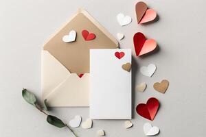 enamorado día tarjeta Bosquejo con corazones y rojo sobre. ilustración ai generativo foto