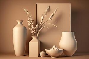 Stylish minimalistic beige composition with design vases. Illustration photo