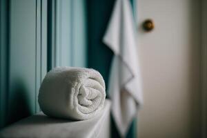 Laundry white towel in bathroom. Illustration photo