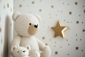 blanco pared con oro estrellas pegatinas y osito de peluche oso en el interior. ilustración ai generativo foto