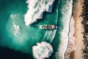 ola y barco en el playa como antecedentes. hermosa naturaleza. ilustración ai generativo foto