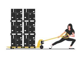 Warehouse hazards concept with a woman trying to pull overloaded pallet jack. Vector. vector