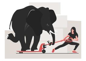 Overloading. Warehouse safety tip with a woman trying to pull a pallet jack with an elephant. Vector. vector