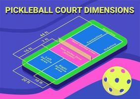 Pickleball court dimensions isometric diagram. Vector