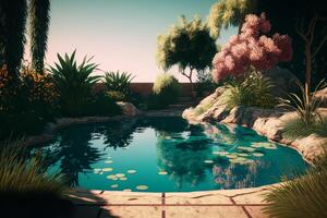 Summer swimming pool with blue water in the garden. Illustration photo