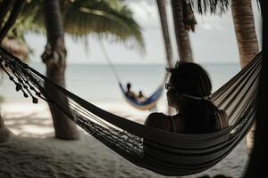 Woman relax in hammock on summer beach. Illustration AI Generative photo