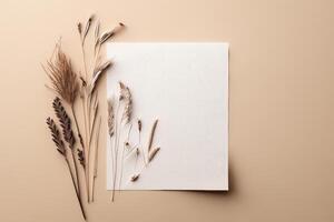 White paper empty blank dried grass decoration on beige. Illustration photo