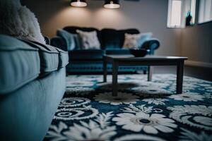 Living room interior with stylish furniture focus on sofa. Illustration photo