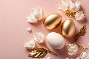 Golden eggs with spring white tulips on pastel pink background. Illustration photo