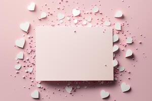 Blank paper card mock up on pink background with pink heart. Illustration photo