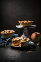 Apple and peach pies on plates documentary photography. Illustration photo