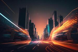 Abstract speed light flow through the city with gradient. Illustration photo