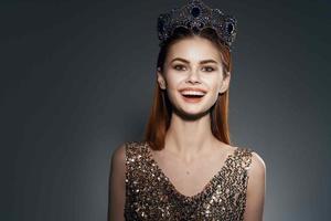 cheerful woman with a crown on her head jewelry luxury celebrity photo