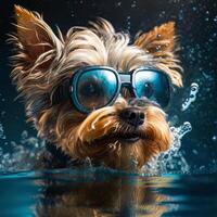 Yorkshire Terrier in sun goggles surf on blue water. Illustration photo