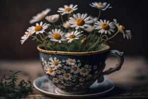 Chamomile flowers in cup. Illustration photo