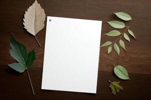 Blank paper sheet copy space with mockup and leaf. Illustration photo