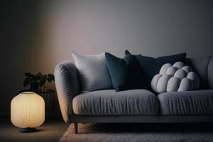 Couch with pillows glowing lamp on table at home on gray background. Illustration photo