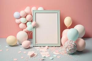 Pastel pink table with balloon frame and birthday confetti. Illustration photo