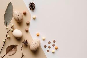 Happy Easter concept. Beige background with eggs. Illustration photo