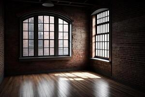 An empty room with a large loft-style window. Illustration photo