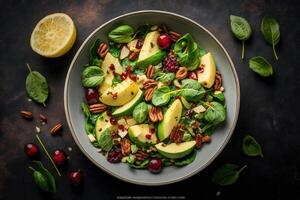 Fruit salad with red apples, avocado, spinach Illustration photo