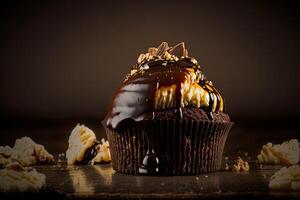 Chocolate caramel cupcake with nuts and butterscotch. Illustration photo