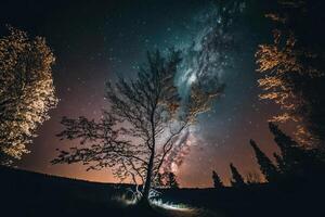 hermosa noche cielo lechoso camino y arboles ilustración ai generativo foto