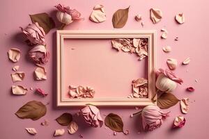 A floral frame with rose flowers and petals on a pink background. Illustration photo