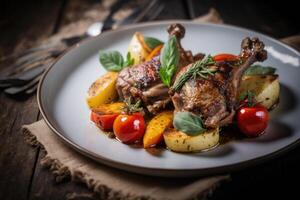 Duck legs baked with apples and tomatoes Illustration photo