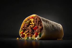 Burritos is wrapped in beef and vegetables against a black. Illustration photo