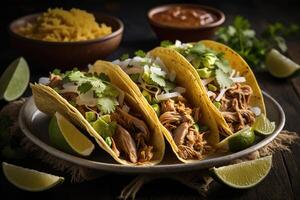 three pork carnitas street tacos in yellow corn tortilla. Illustration photo