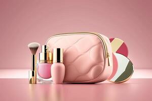 Pink make-up bag with cosmetic products. Illustration photo