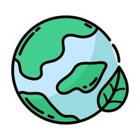 Icon. Planet Earth. Green leaf. Linear style. Modern flat. Ecology. Clean planet. vector