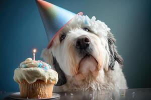 dogs in birthday caps sit at party. Illustration photo