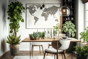 Stylish and botany interior of dining room. Illustration photo