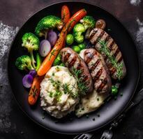 Grilled sausages with mashed potatoes. Illustration photo