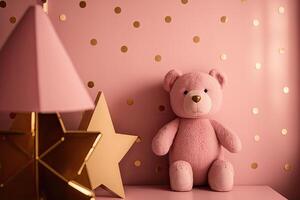 rosado pared con oro estrellas pegatinas y osito de peluche oso en el interior. ilustración ai generativo foto