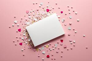 Blank paper card mock up on pink background with pink heart. Illustration photo