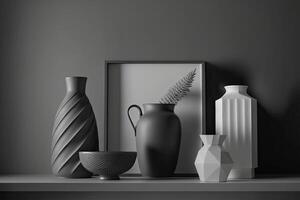 Stylish minimalistic gray composition with design vases. Illustration photo