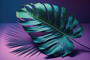 A large fresh palm leaf on a duotone purple-violet-blue. Illustration photo