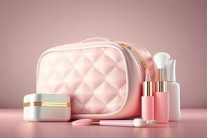 Pink make-up bag with cosmetic products. Illustration photo