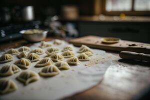 Pierogi in the making on a wooden background. Illustration photo