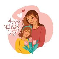 Mother and daughter holding a bouquet of tulips. Happy mother's day. Vector. vector