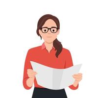 Woman reading paper document and speech bubble with info sign. Concept of professional guide, manual or instruction, counselor providing information. vector