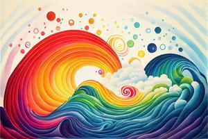 Rainbow wave watercolor background in kid style. photo