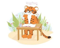 An enamored tiger sits at the table. Vector illustration.