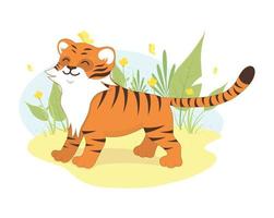 Tiger is standing on the meadow and smiling. Happy wild animal. Vector illustration.