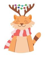 New Year's tiger with horns and a garland. Vector image.